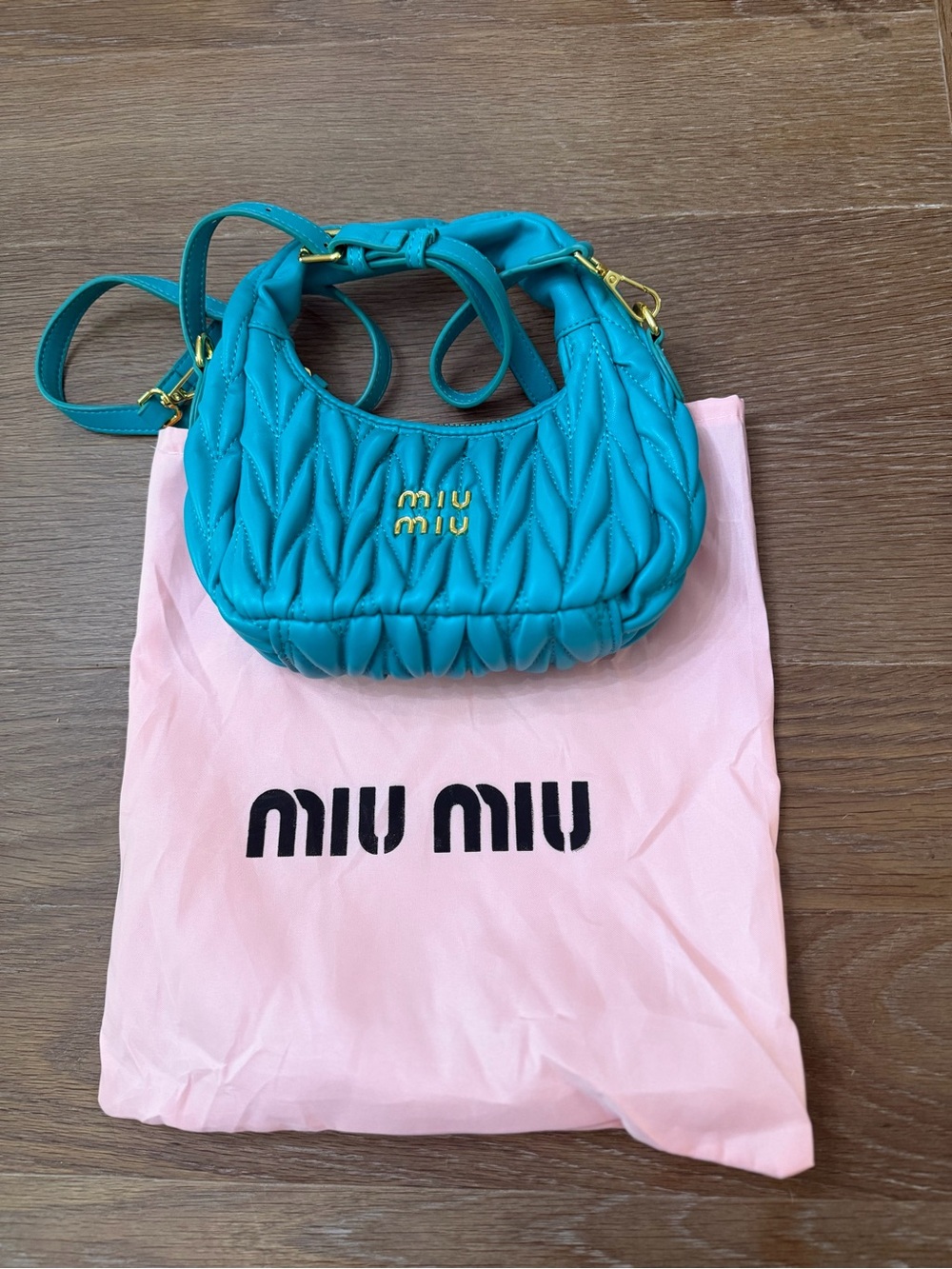 Miu Miu Turquoise Matelassé Shoulder Bag with Gold Hardware